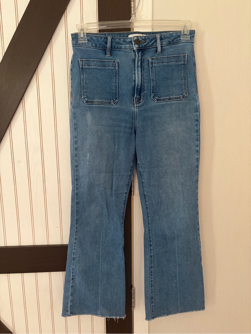 Hidden Jeans HD3785-M Womens 29 Cropped Flare Raw Hem Patch Pocket Blue Denim
